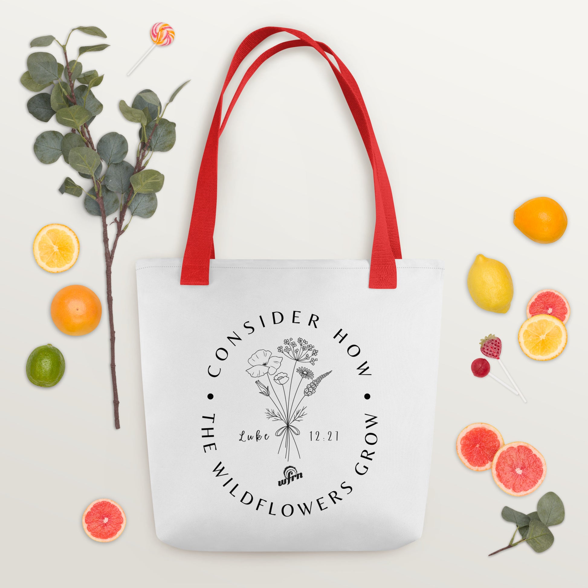 Consider the Wildflowers Tote bag with red handles