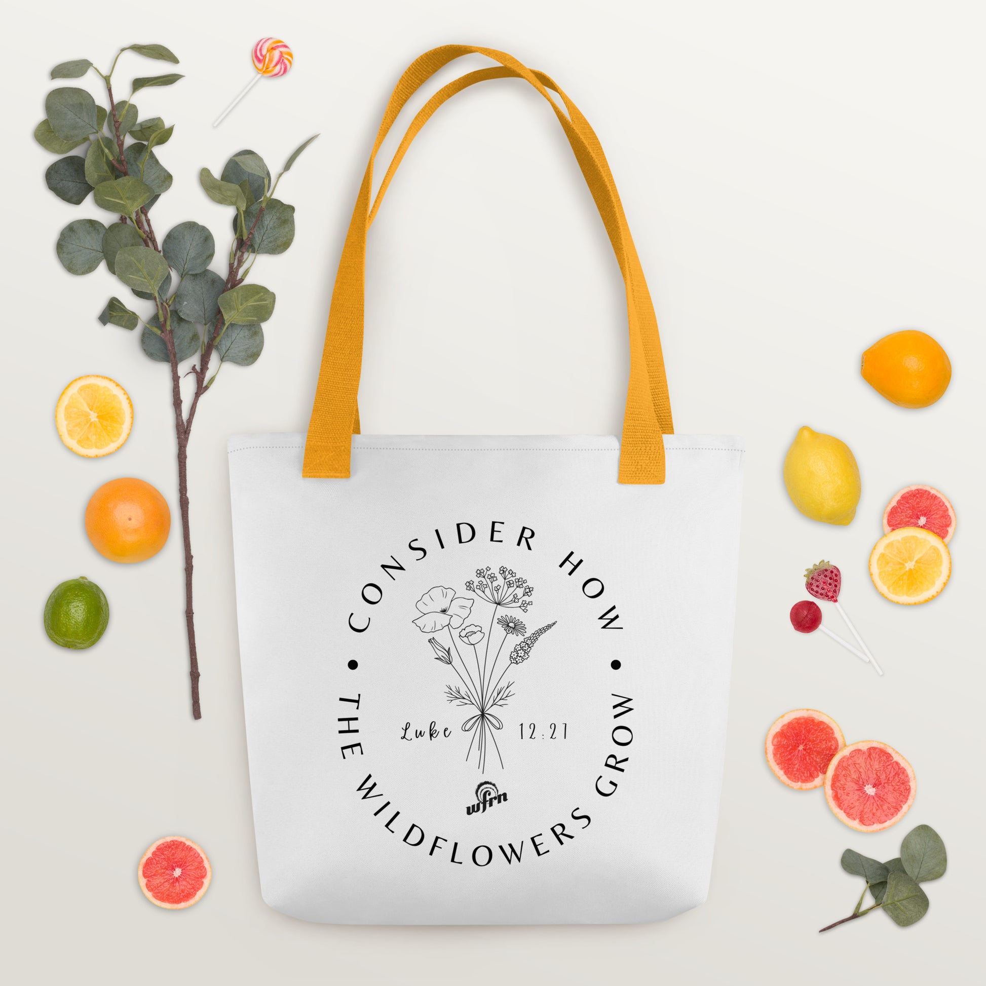 Consider the Wildflowers Tote bag with yellow handles
