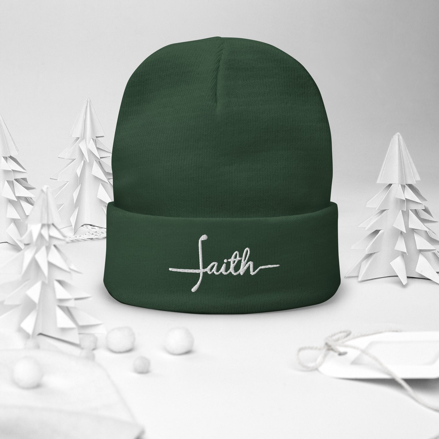Faith Embroidered Beanie in dark green