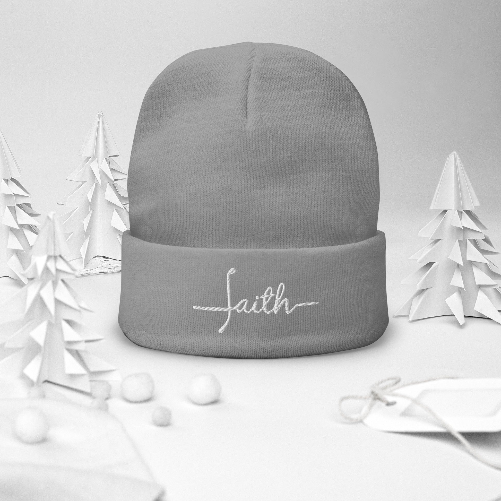 Faith Embroidered Beanie in gray