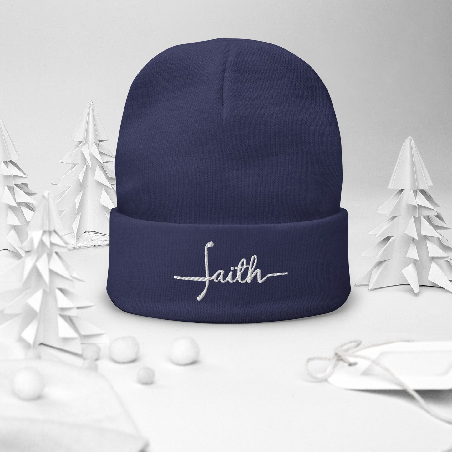 Faith Embroidered Beanie in navy blue