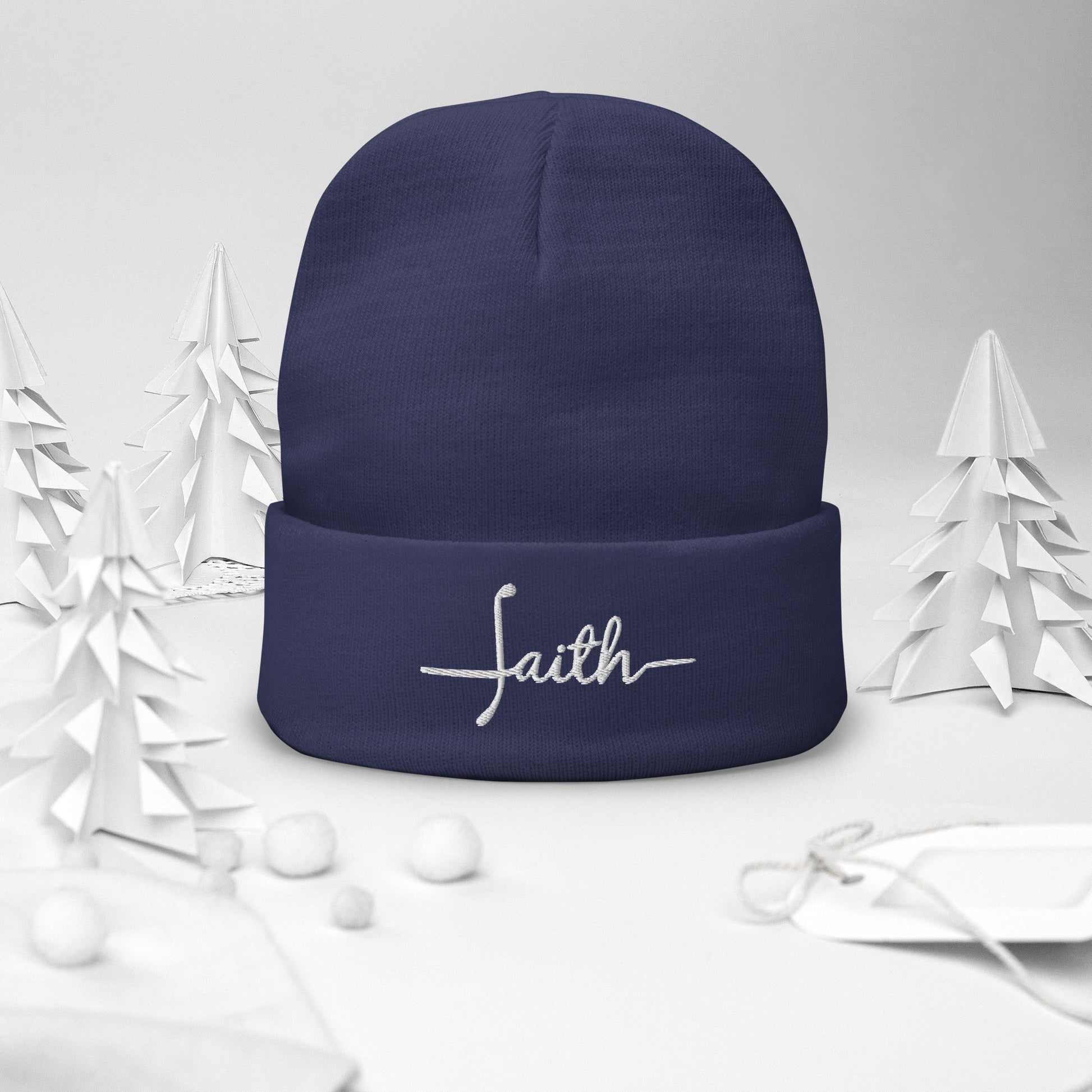Faith Embroidered Beanie in navy blue
