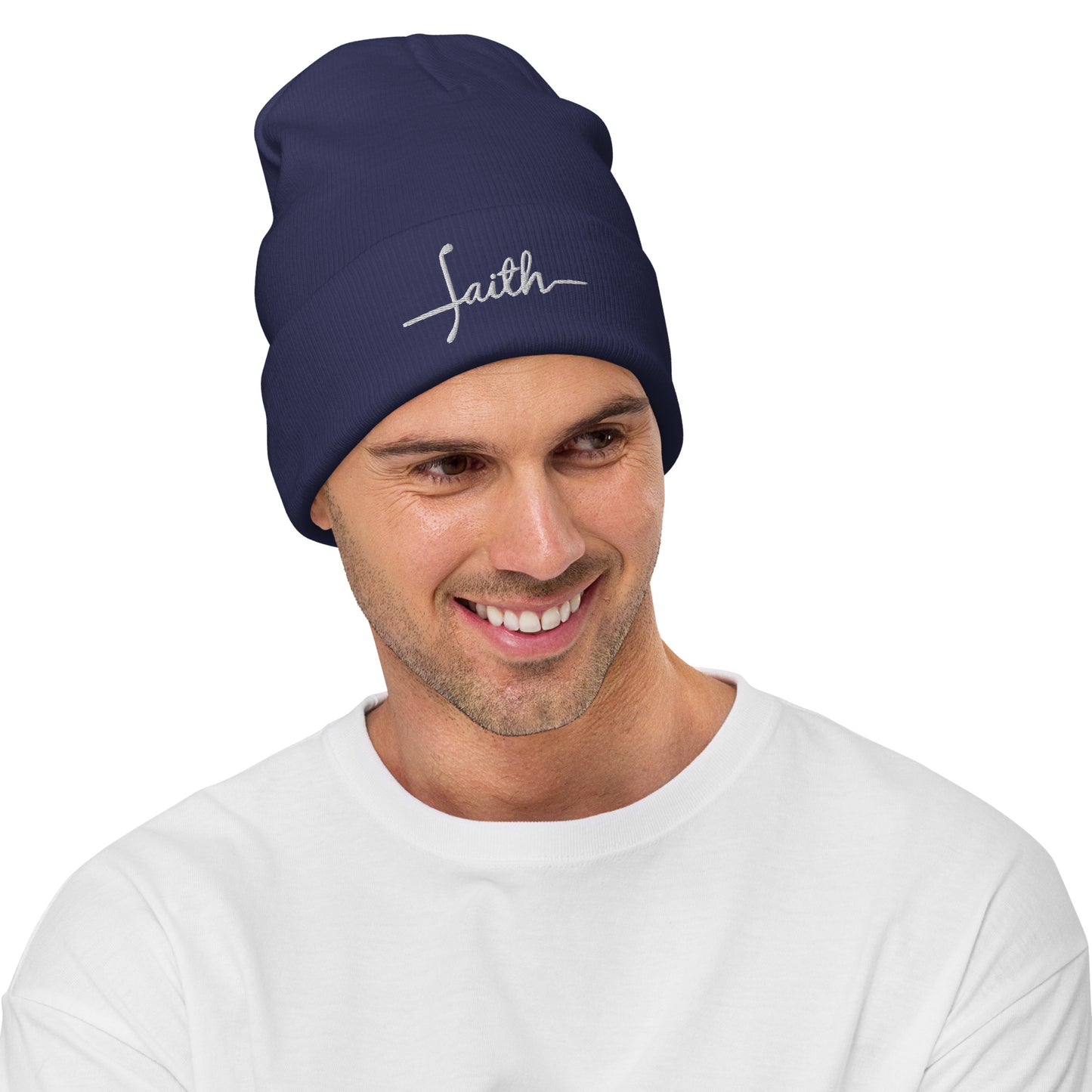 Faith Embroidered Beanie in navy blue