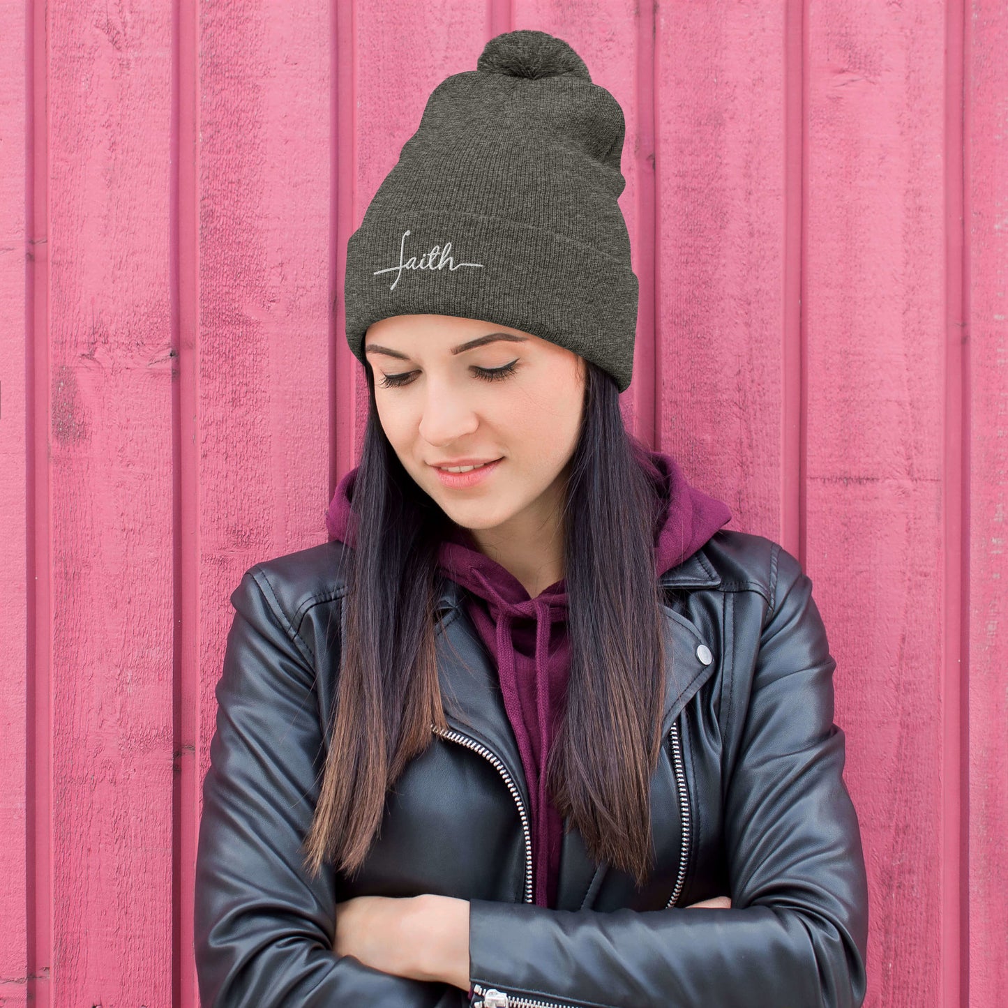 Faith Pom-Pom Beanie in dark heather grey