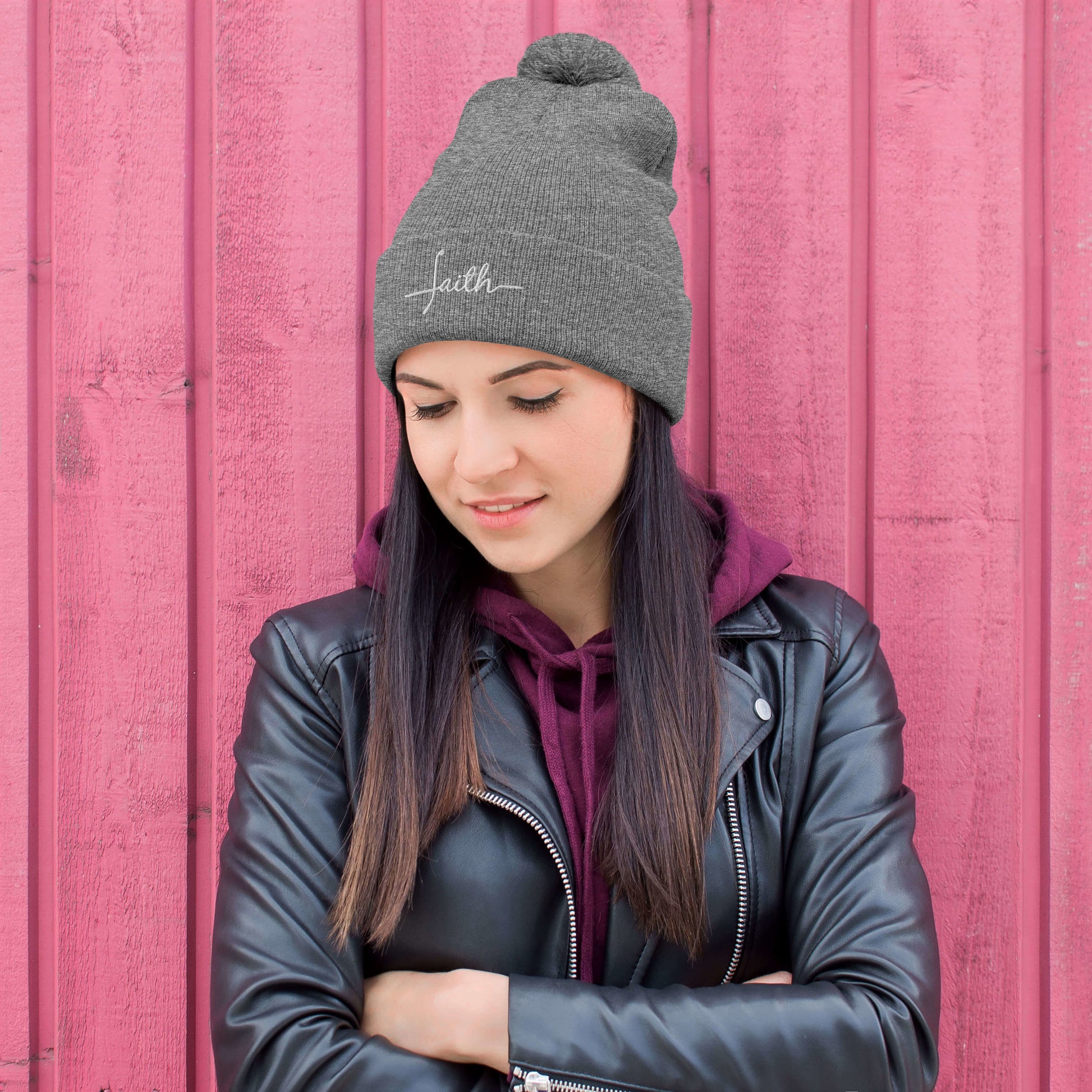 Faith Pom-Pom Beanie in heather grey