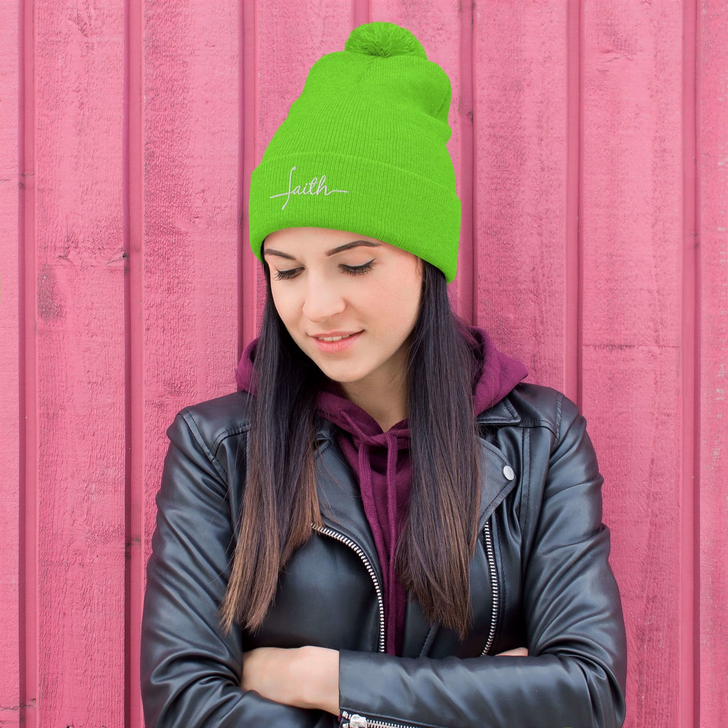 Faith Pom-Pom Beanie in neon green
