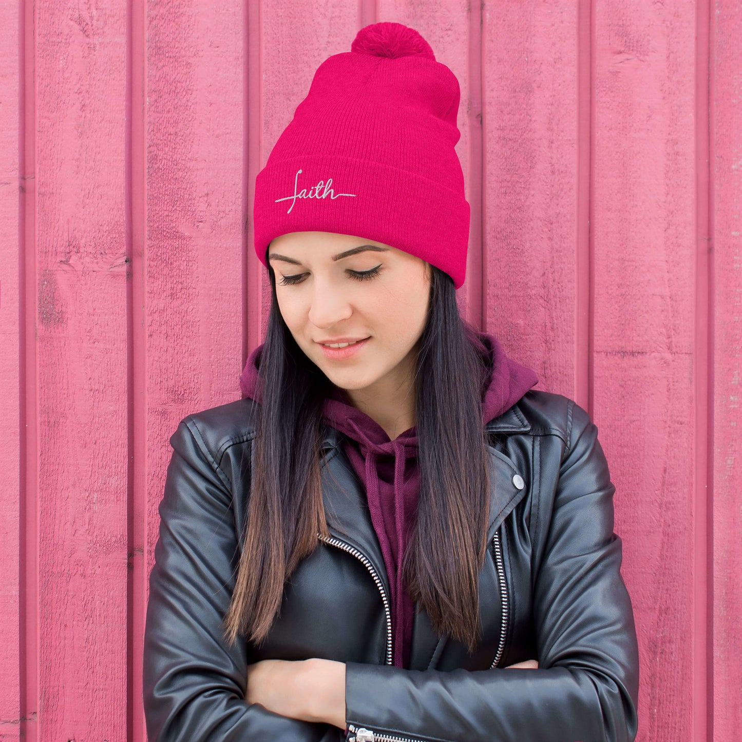Faith Pom-Pom Beanie in neon pink