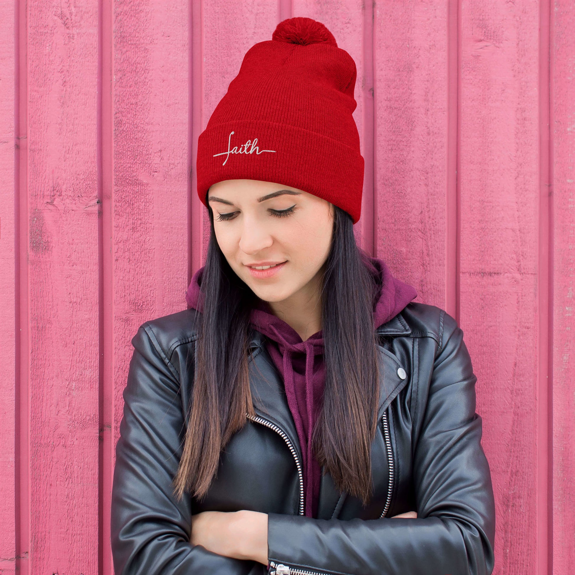 Faith Pom-Pom Beanie in red
