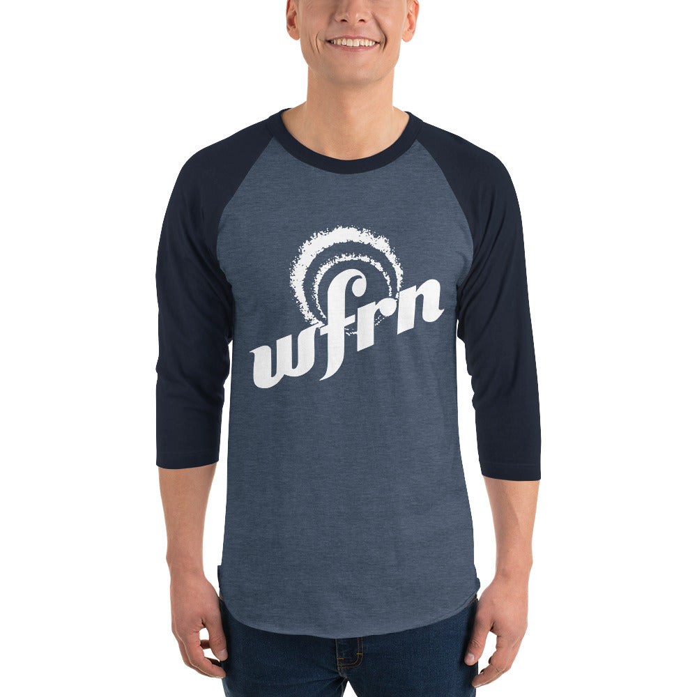 Classic 3/4 Sleeve WFRN White Logo Shirt in heather denim with navy blue sleeves