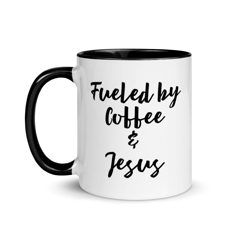 Fueled by Coffee & Jesus Mug with black handle & interior