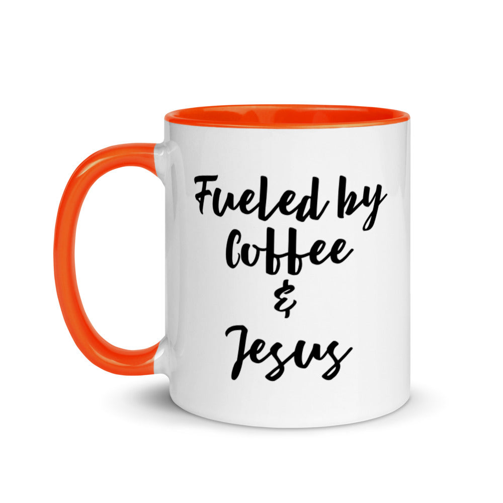 Fueled by Coffee & Jesus Mug with orange handle & interior