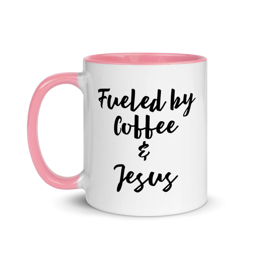 Fueled by Coffee & Jesus Mug with light pink handle & interior