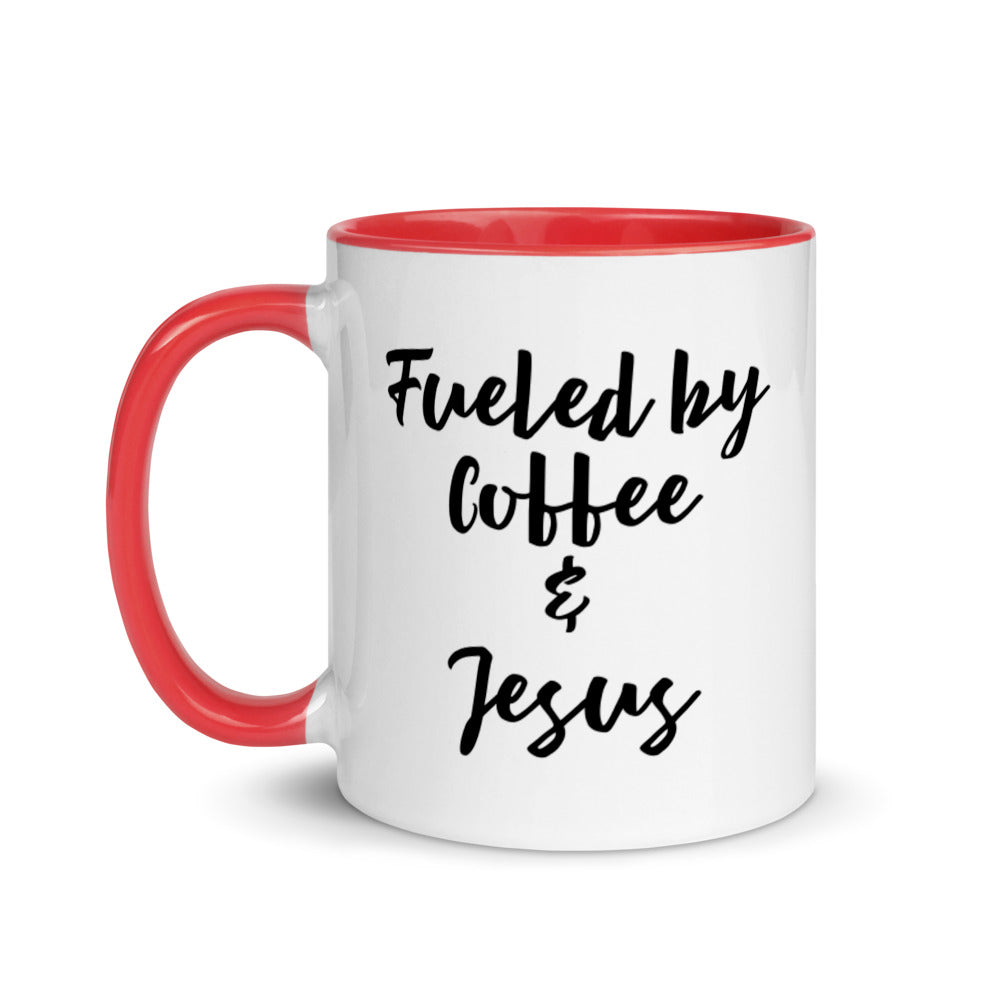 Fueled by Coffee & Jesus Mug with red handle & interior