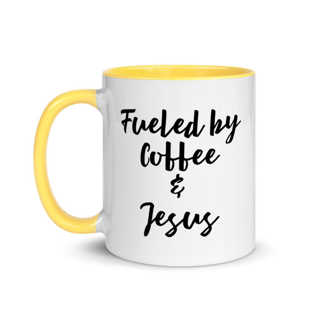 Fueled by Coffee & Jesus Mug with yellow handle & interior