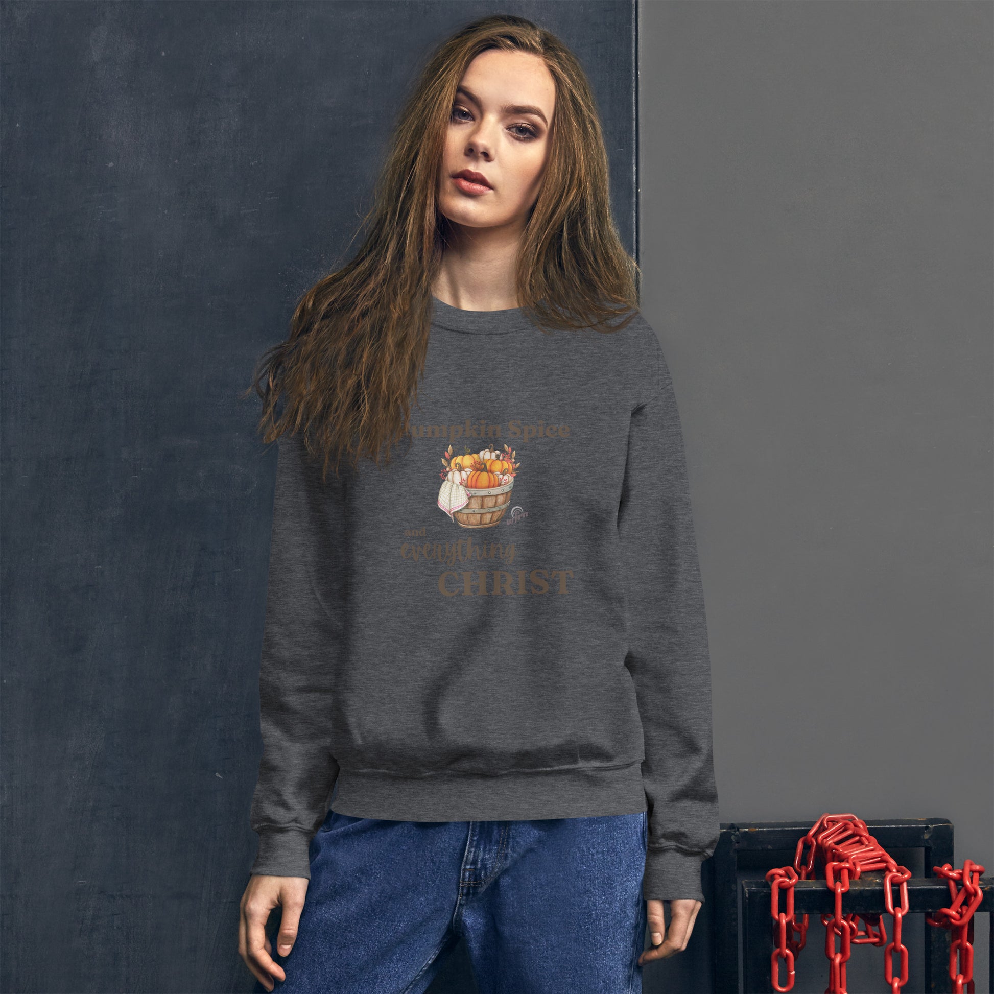 Pumpkin Spice and Everything Christ Unisex Sweatshirt in dark heather