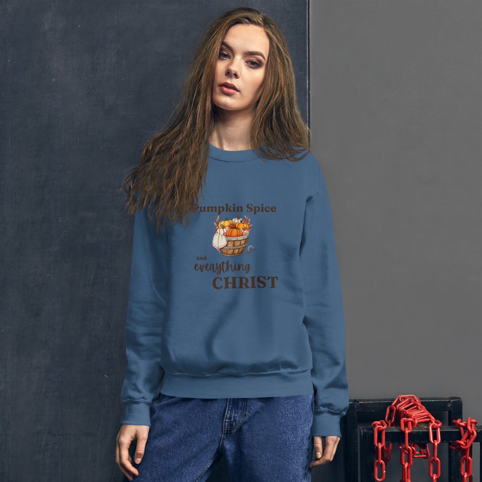 Pumpkin Spice and Everything Christ Unisex Sweatshirt in indigo blue