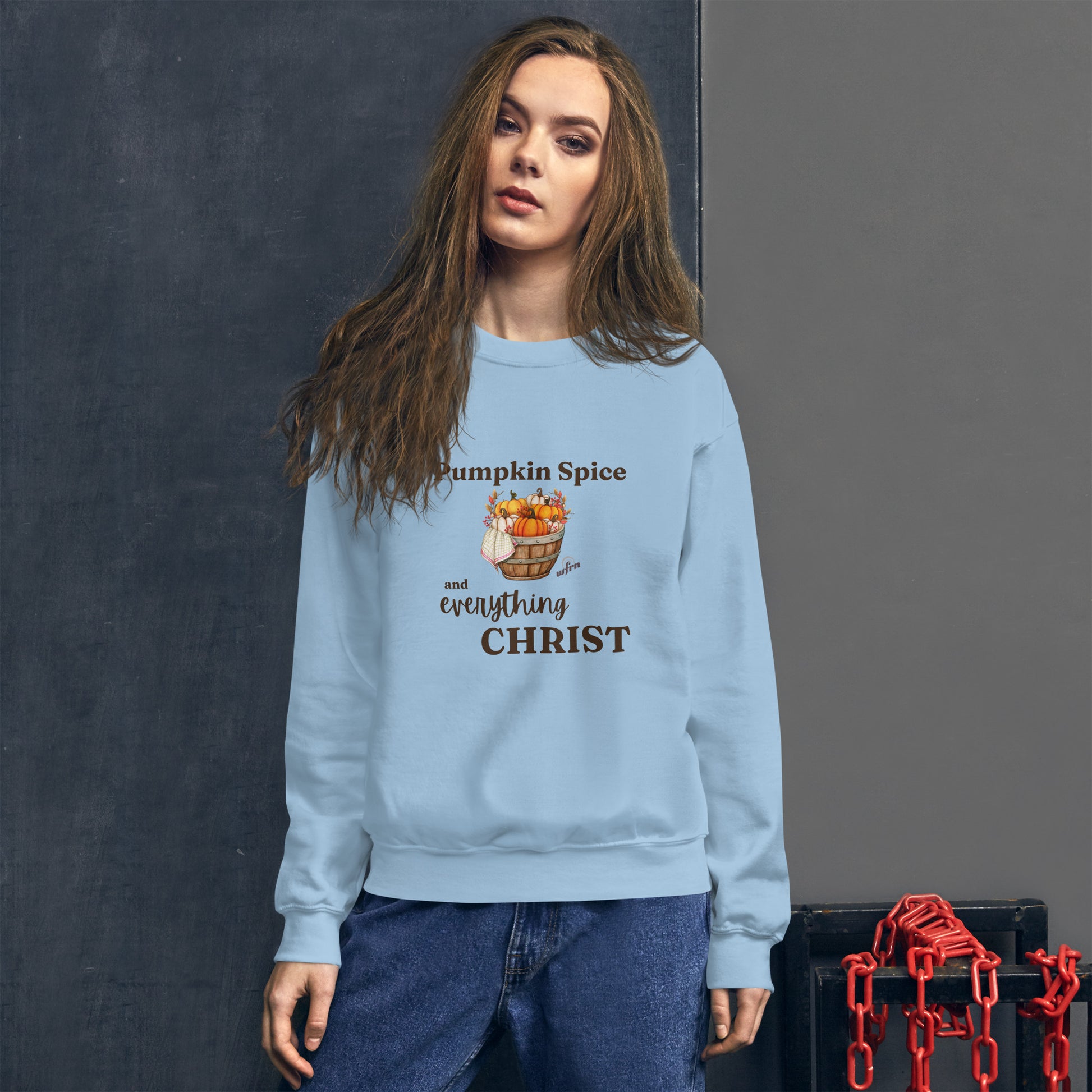 Pumpkin Spice and Everything Christ Unisex Sweatshirt in light blue