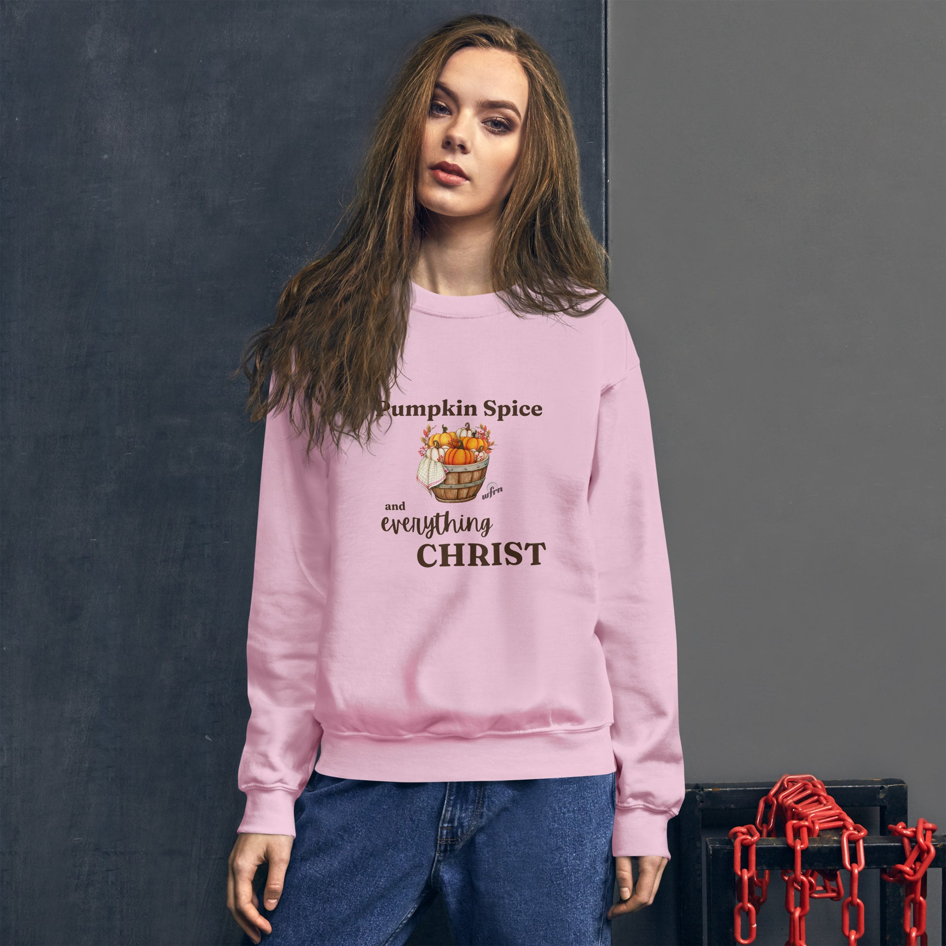 Pumpkin Spice and Everything Christ Unisex Sweatshirt in light pink