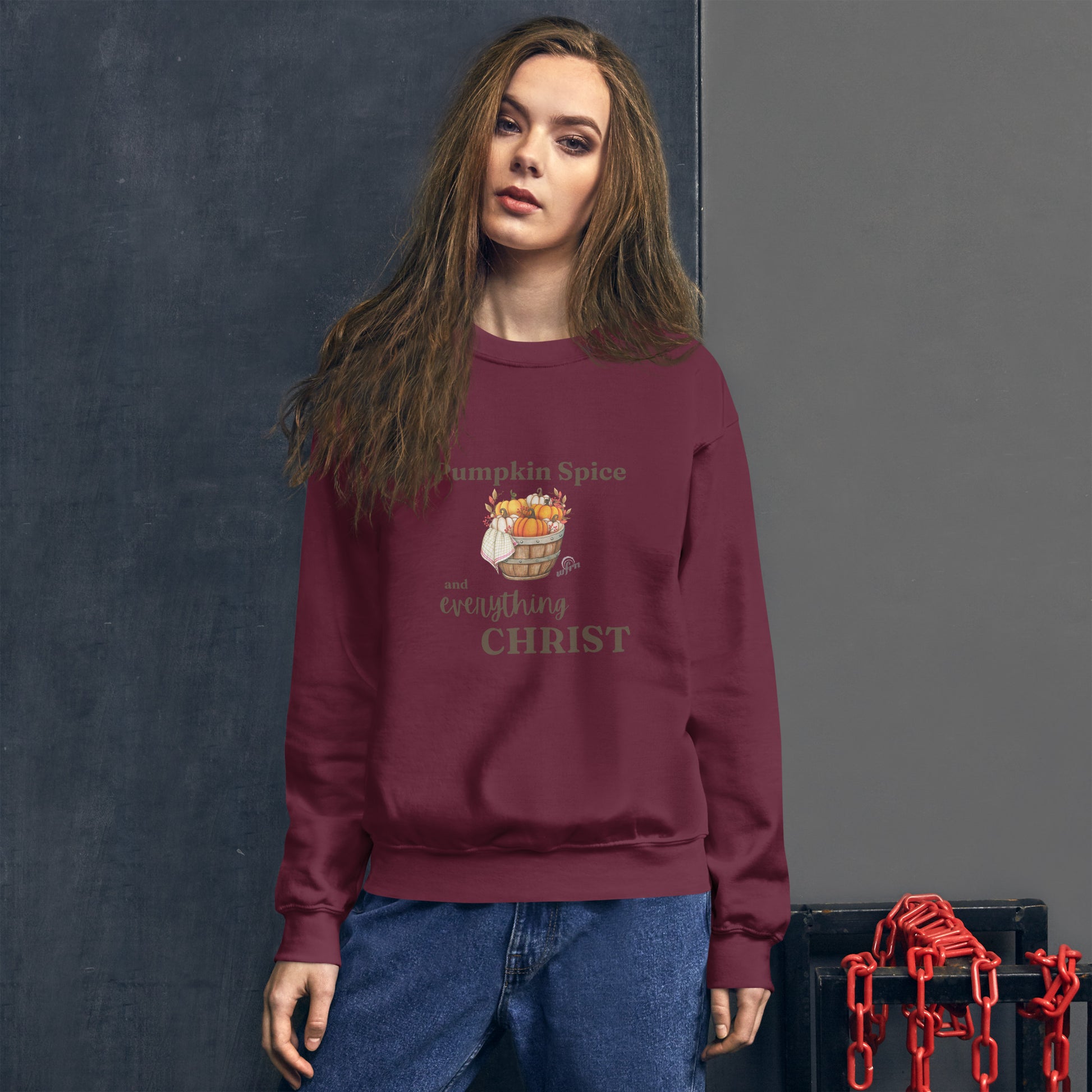 Pumpkin Spice and Everything Christ Unisex Sweatshirt in maroon