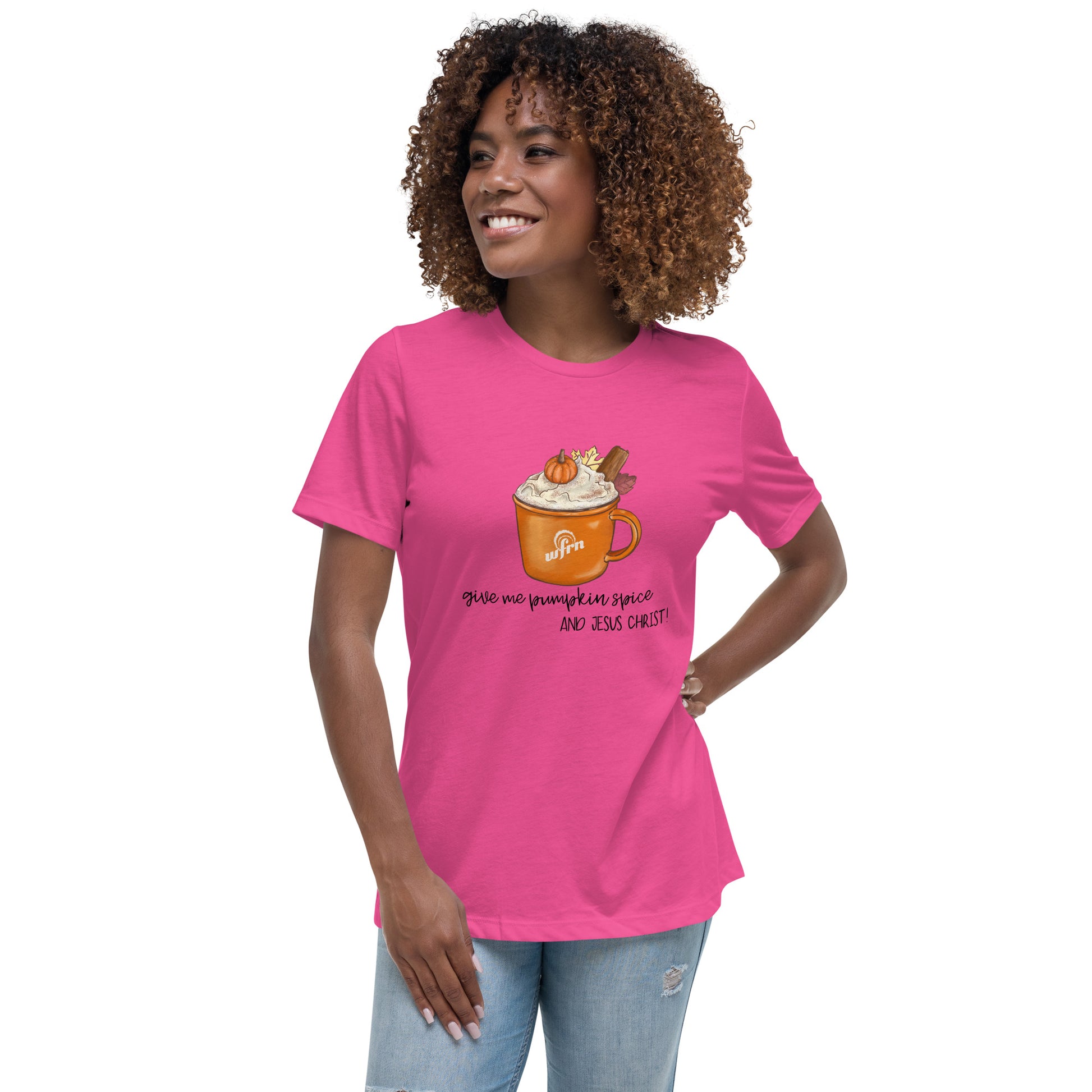 Pumpkin Spice & Jesus Christ Women's Relaxed T-Shirt in berry pink