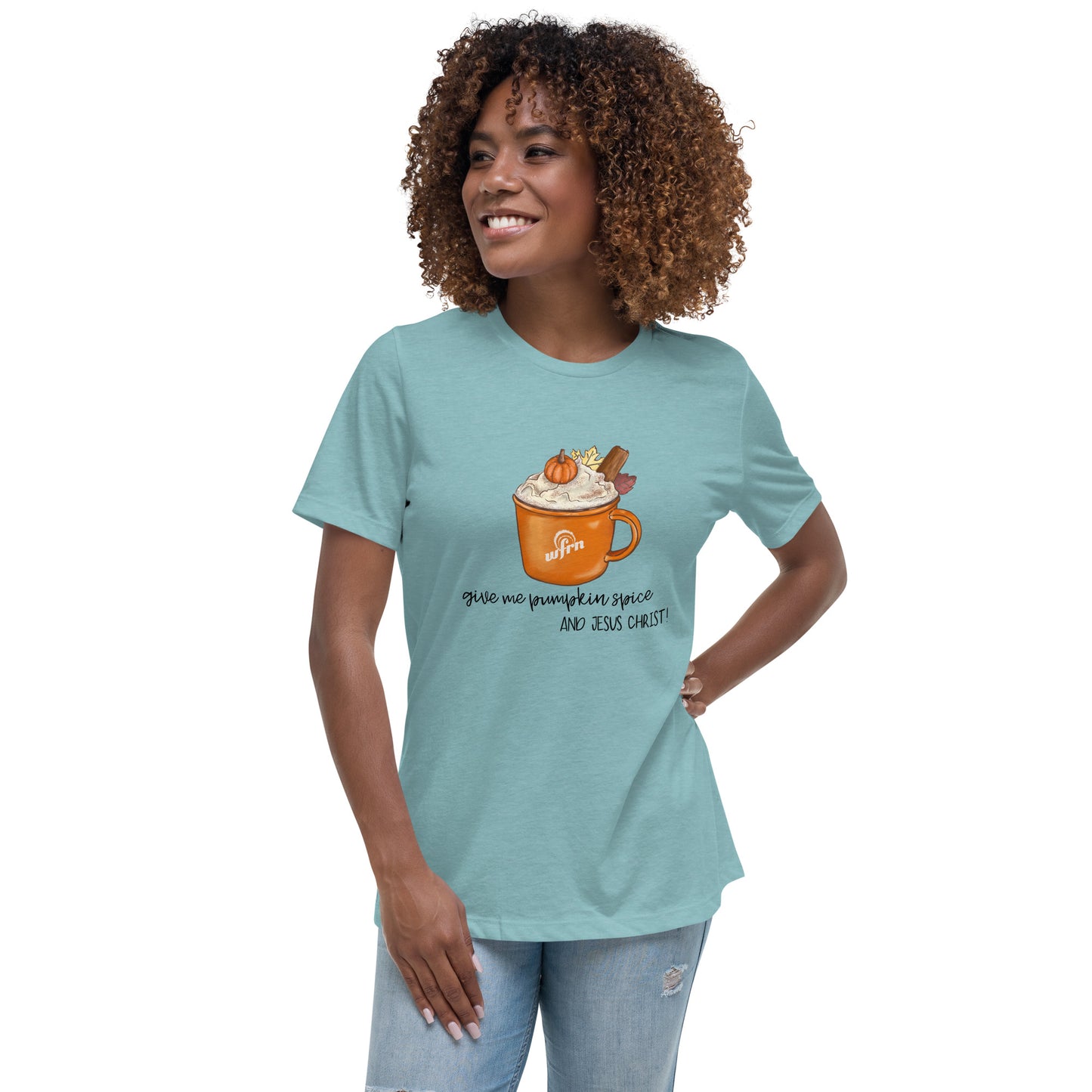 Pumpkin Spice & Jesus Christ Women's Relaxed T-Shirt in heather blue lagoon