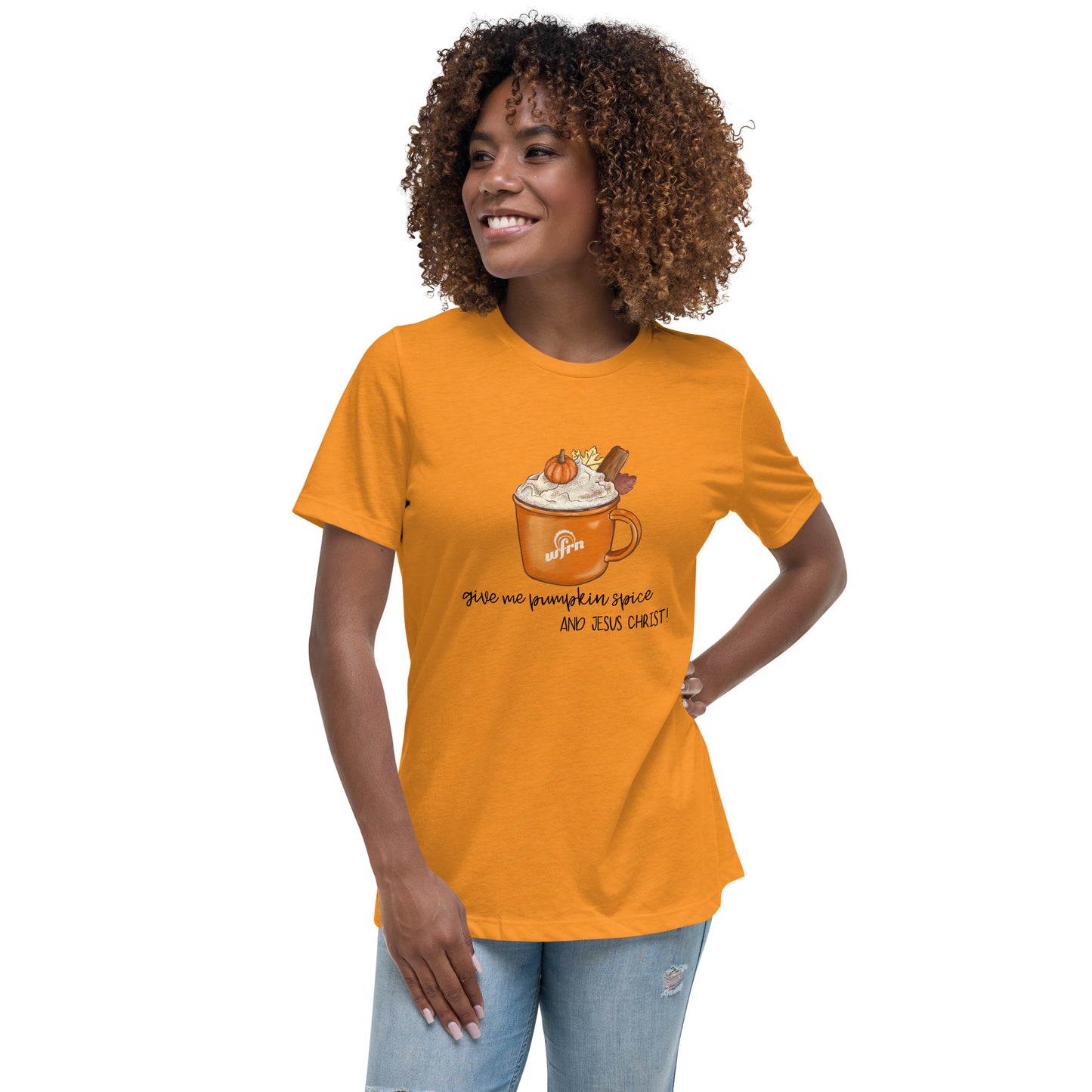 Pumpkin Spice & Jesus Christ Women's Relaxed T-Shirt in heather marmalade