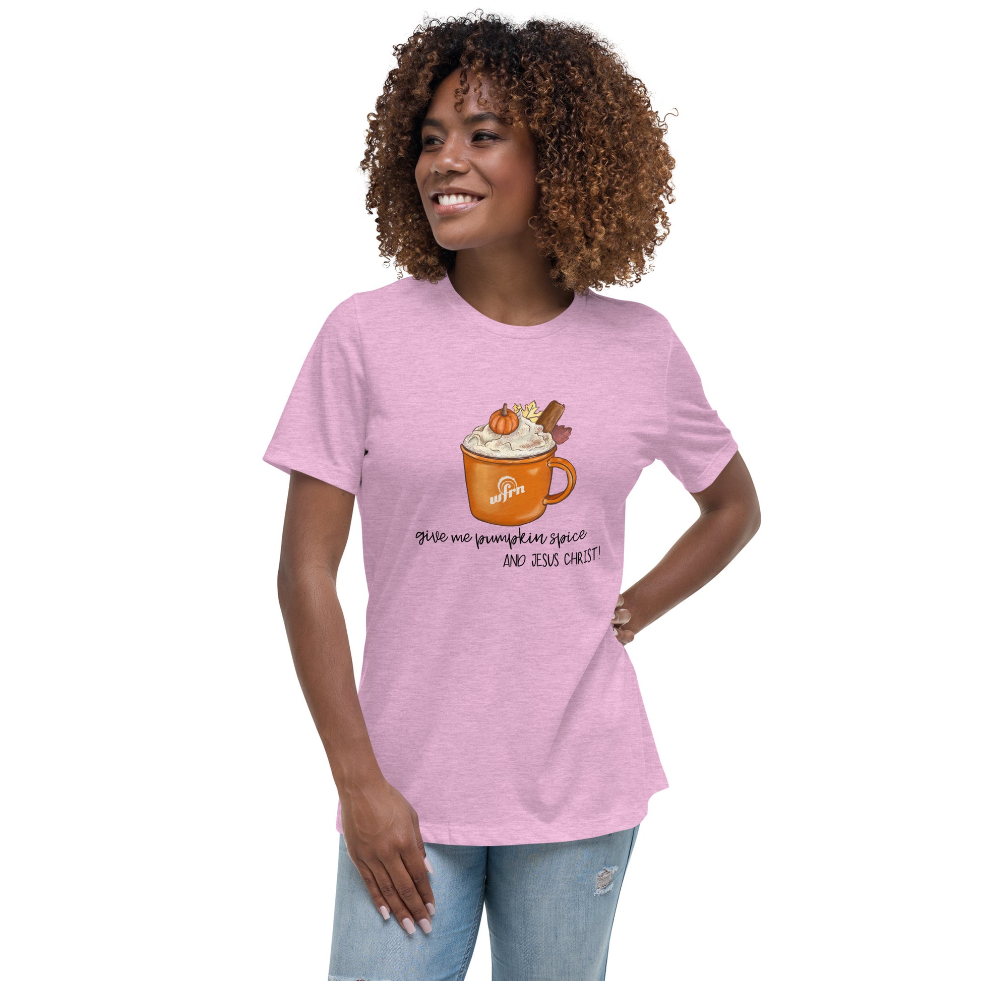 Pumpkin Spice & Jesus Christ Women's Relaxed T-Shirt in heather lilac