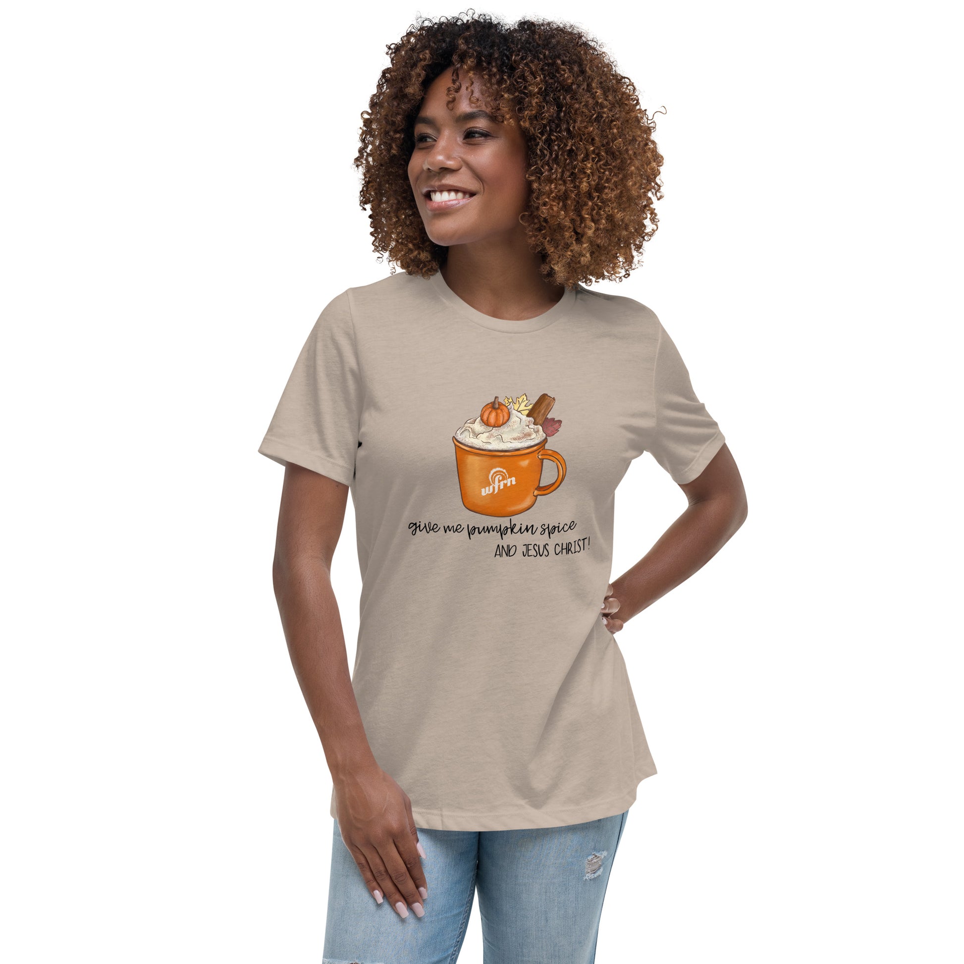 Pumpkin Spice & Jesus Christ Women's Relaxed T-Shirt in heather stone