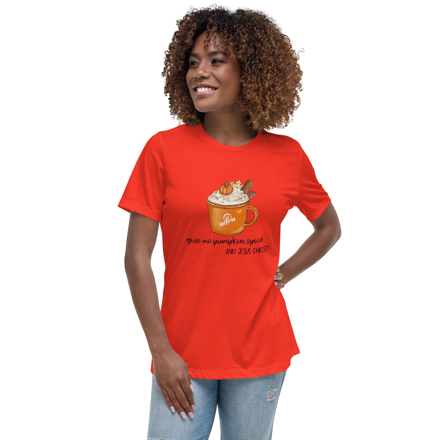 Pumpkin Spice & Jesus Christ Women's Relaxed T-Shirt in poppy orange