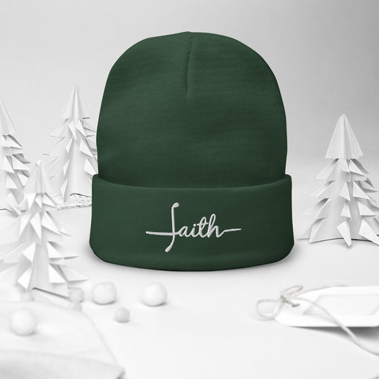 Faith Embroidered Beanie in dark green