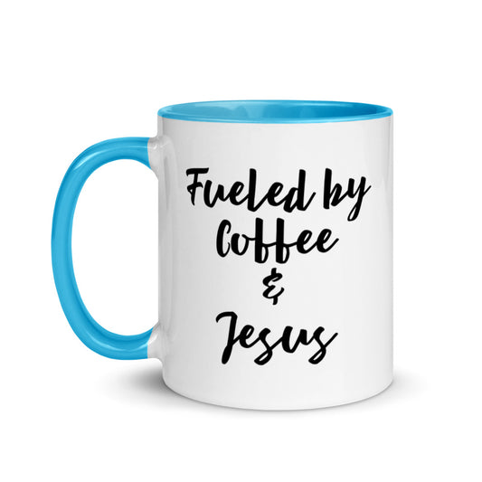 Fueled by Coffee & Jesus Mug with aruba blue handle & interior